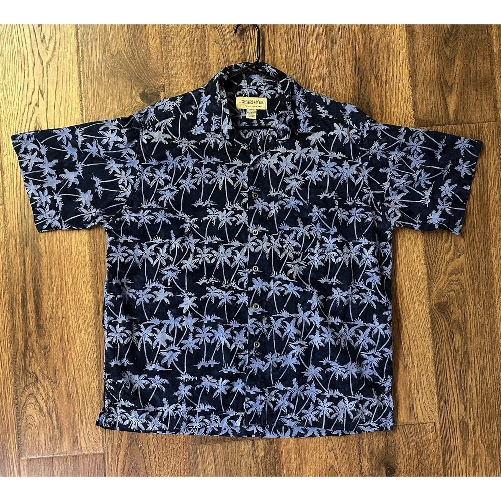 Johari West Hawaiian Shirt XL Blue Palm Tree Tropical Camp Collar Aloha